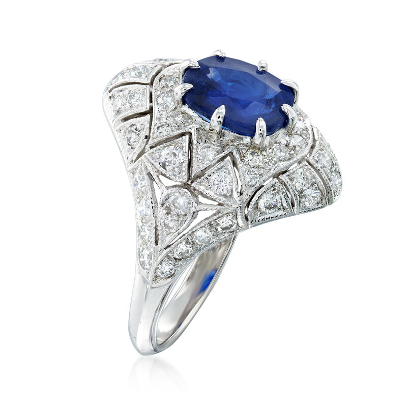 C. 1990 Vintage 2.28 Carat Sapphire and 1.25 ct. t.w. Diamond Filigree Ring in 18kt White Gold image number 2