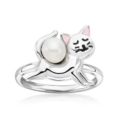 5.5-6mm Cultured Pearl Cat Ring with Enamel in Sterling Silver