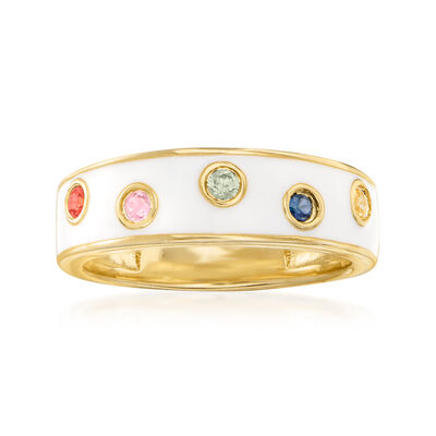 .20 ct. t.w. Multicolored Sapphire and White Enamel Ring in 18kt Gold Over Sterling