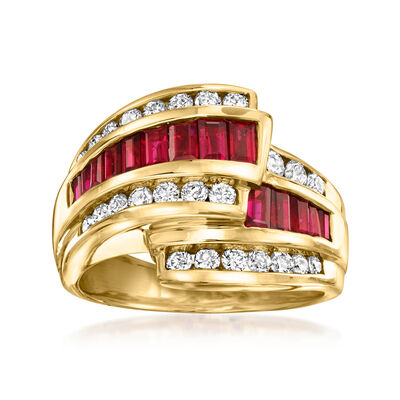 C. 1980 Vintage 1.35 ct. t.w. Ruby and 1.00 ct. t.w. Diamond Bypass Ring in 14kt Yellow Gold