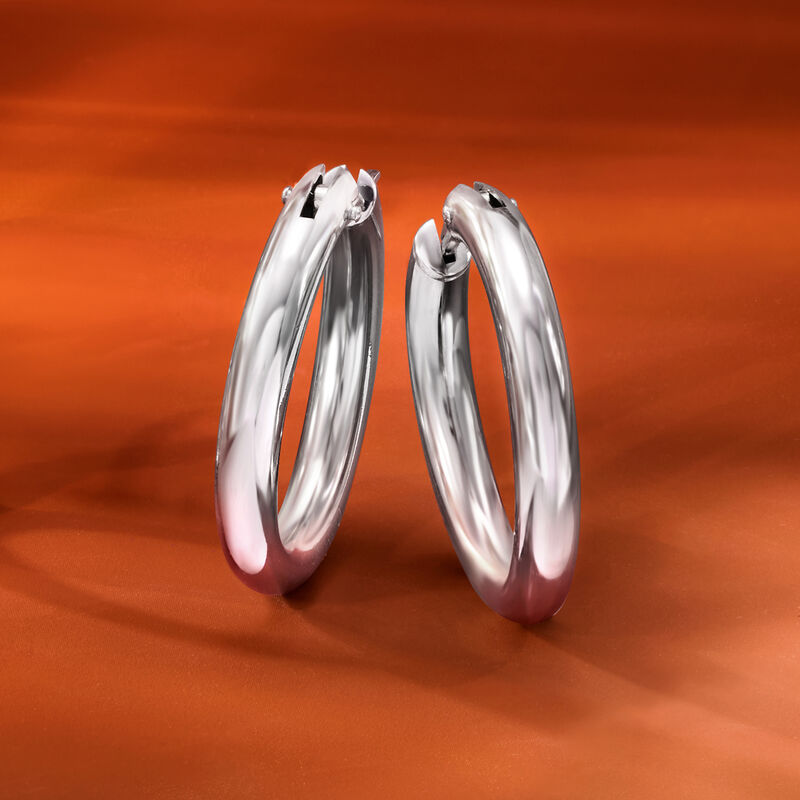 Italian 3mm Sterling Silver Hoop Earrings. 1 1/8&quot; image number 4