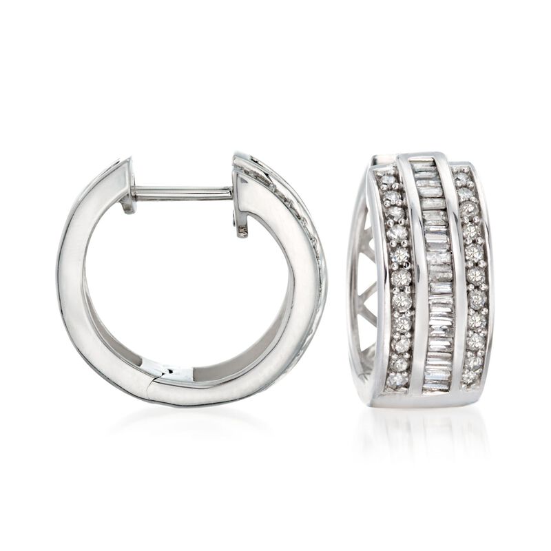 .70 ct. t.w. Baguette and Round Diamond Huggie Hoop Earrings in Sterling Silver. 1/2&quot; image number 0