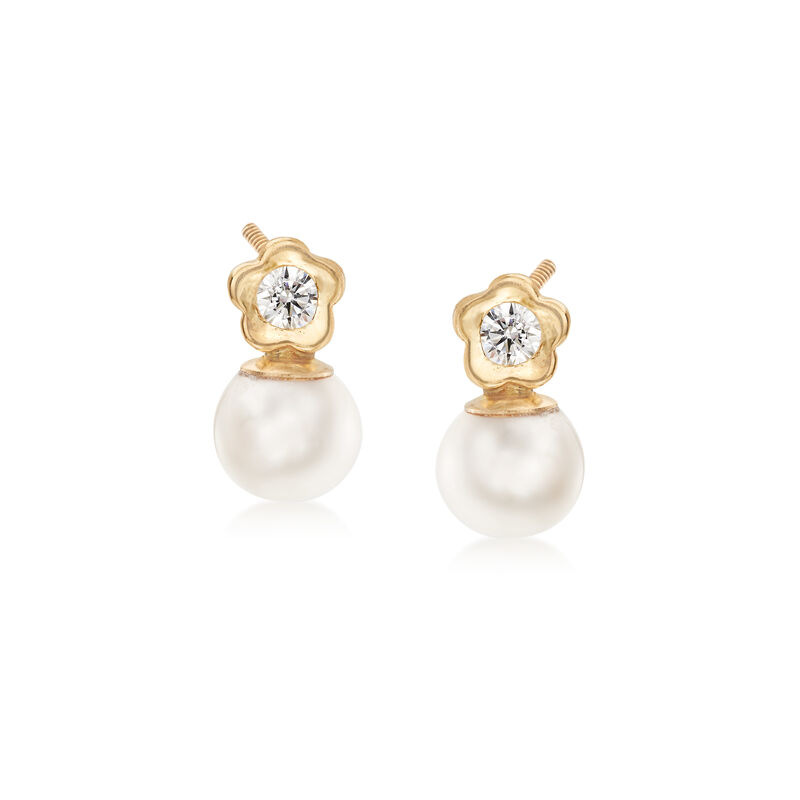 Child's 4-4.5mm Cultured Pearl and CZ-Accented Flower Earrings in 14kt Yellow Gold image number 0