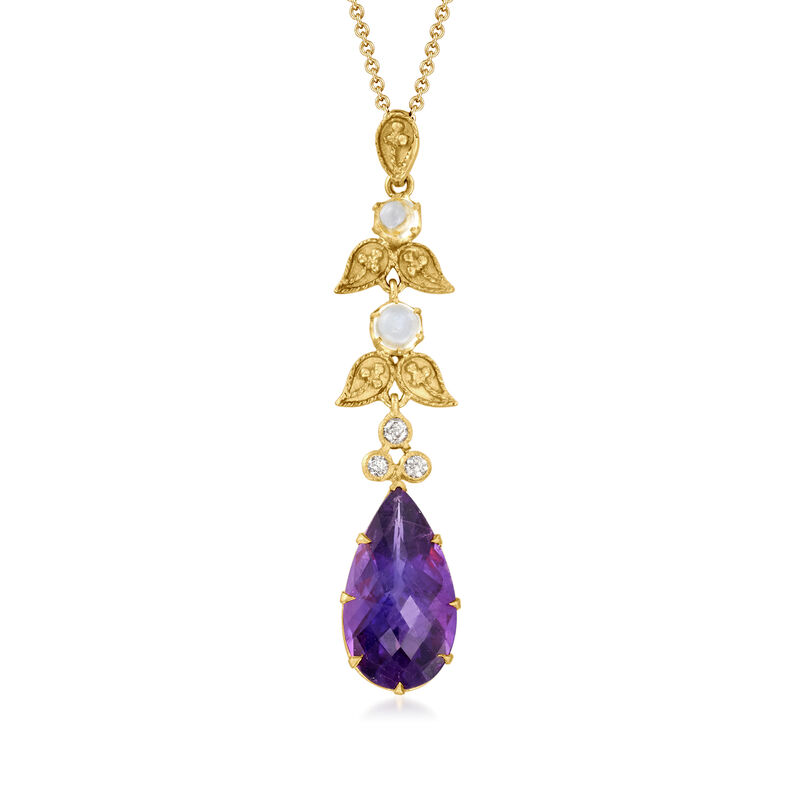 C. 1980 Vintage 6.30 Carat Amethyst, .40 ct. t.w. Moonstone and .10 ct. t.w. Diamond Drop Pendant Necklace in 10kt and 14kt Yellow Gold image number 0