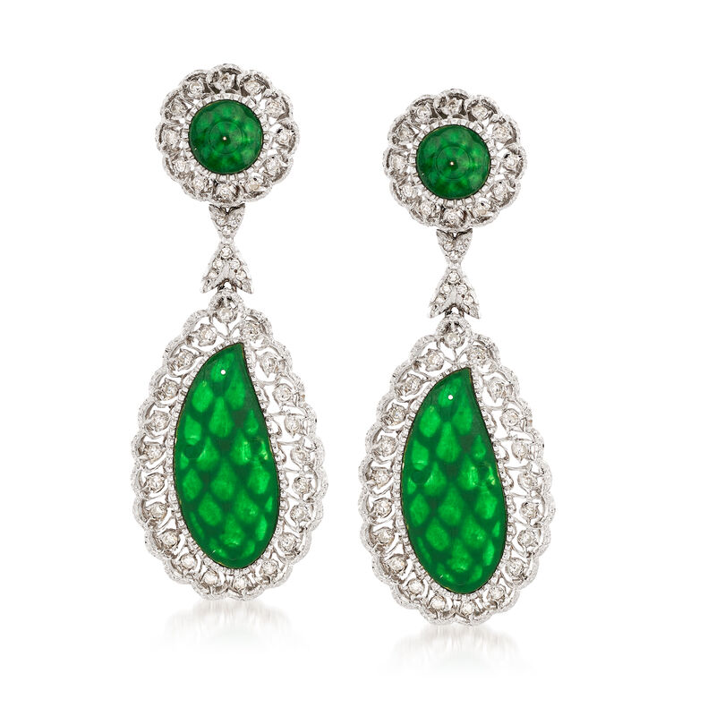 C. 1970 Vintage Jade and 1.00 ct. t.w. Diamond Clip-On Drop Earrings in 18kt White Gold image number 0