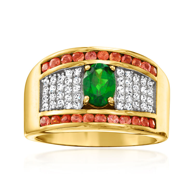 .80 Carat Chrome Diopside Ring with .60 ct. t.w. Orange Sapphires and .40 ct. t.w. White Zircons in 18kt Gold Over Sterling image number 0