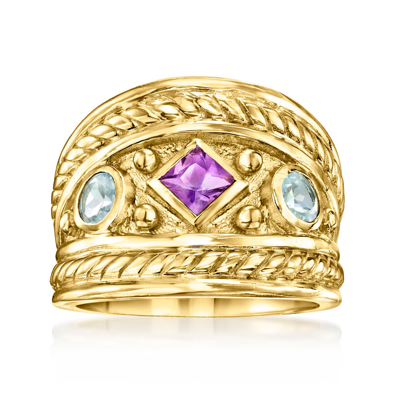Italian Tagliamonte .20 Carat Amethyst and .50 ct. t.w. Sky Blue Topaz Ring in 18kt Gold Over Sterling image number 0