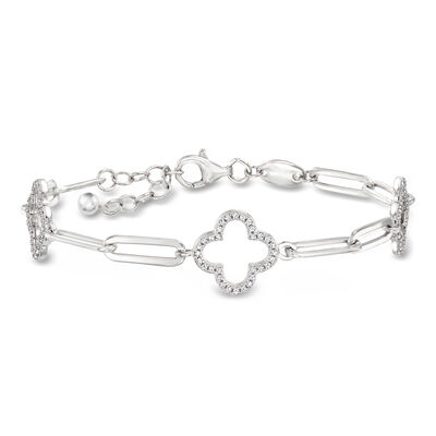 Charles Garnier .40 ct. t.w. CZ Clover Station Paper Clip Link Bracelet in Sterling Silver