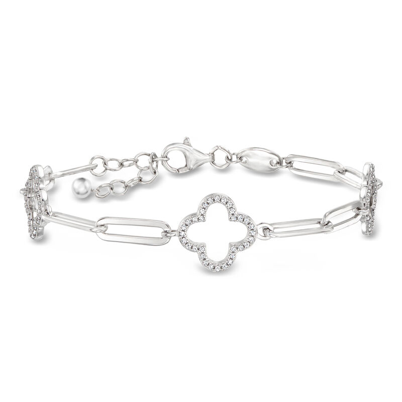 Charles Garnier .40 ct. t.w. CZ Clover Station Paper Clip Link Bracelet in Sterling Silver. 7" image number 0