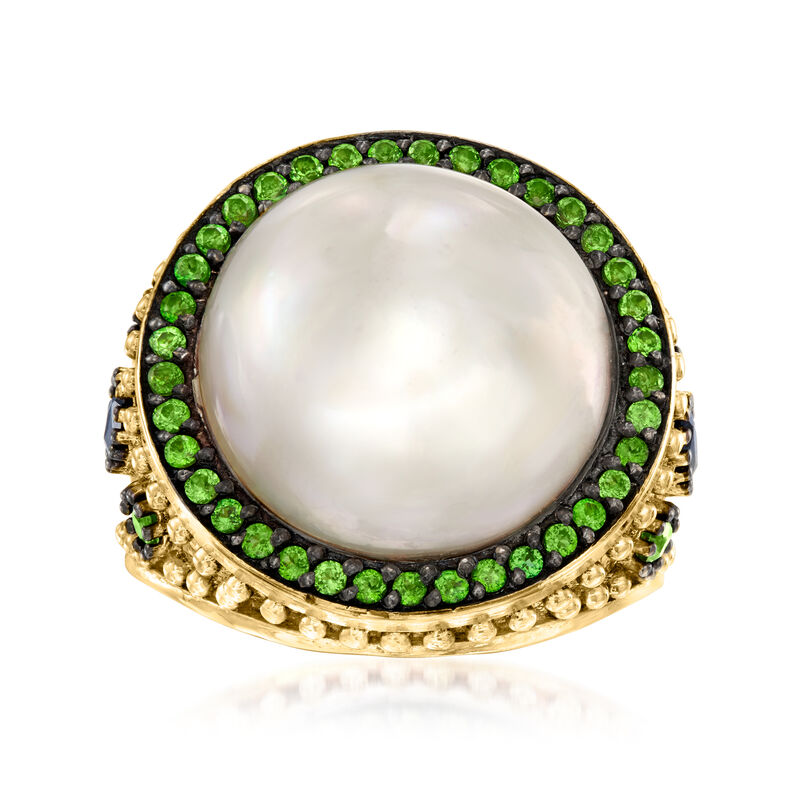 15mm Cultured Mabe Pearl and .80 ct. t.w. Chrome Diopside Ring with .30 ct. t.w. Sapphires in 18kt Yellow Gold Over Sterling image number 0