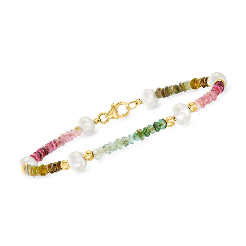 5-5.5mm Cultured Pearl and 7.75 ct. t.w. Multicolored Tourmaline Bead Bracelet with 14kt Yellow Gold image number 0