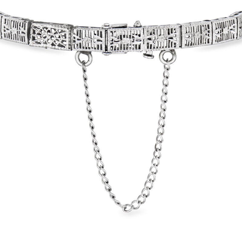 C. 1980 Vintage 14kt White Gold Filigree Bracelet with Single Diamond. 6" image number 2