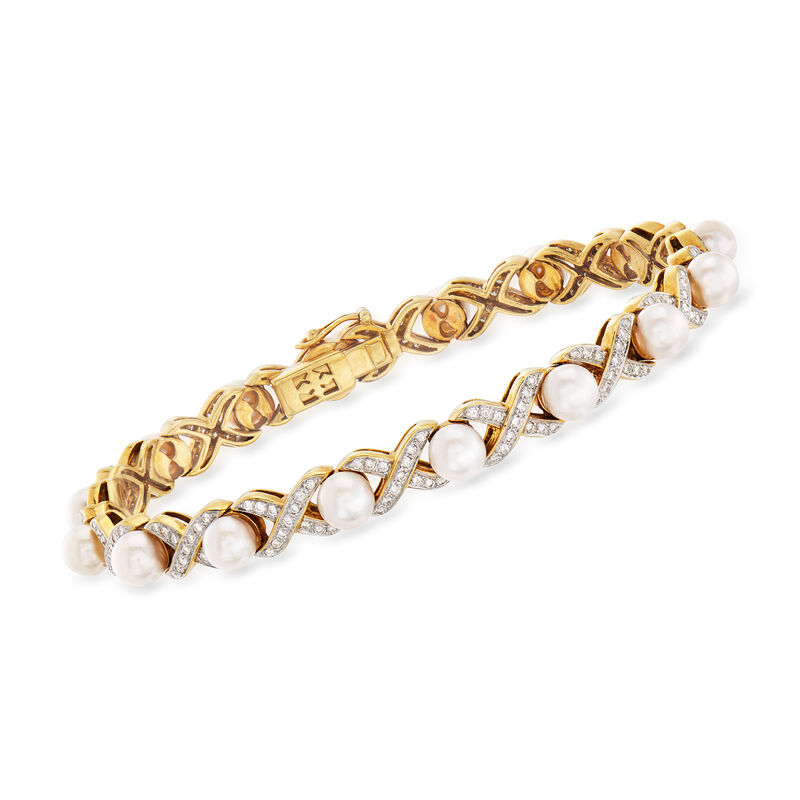 C. 1990 Vintage 5mm Cultured Pearl and 1.05 ct. t.w. Diamond X Bracelet in 18kt Yellow Gold. 7&quot; image number 0