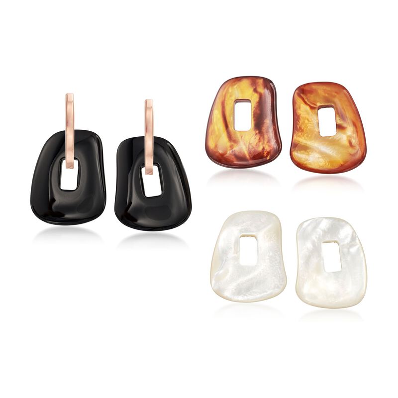Mattioli &quot;Puzzle&quot; 18kt Rose Gold Earrings with Three Interchangeable Drops: Black Onyx and Multicolored Mother-Of-Pearl. 1 1/2&quot; image number 0