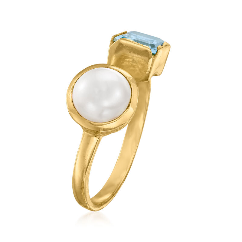 8-8.5mm Cultured Pearl and 1.70 Carat Sky Blue Topaz Toi et Moi Ring in 18kt Gold Over Sterling image number 2