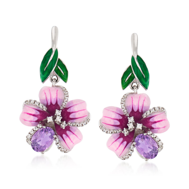1.40 ct. t.w. Amethyst and .28 ct. t.w. White Topaz Flower Drop Earrings with Multicolored Enamel in Sterling Silver image number 0