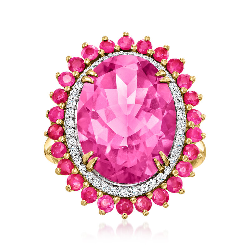 8.25 Carat Pink Topaz and .90 ct. t.w. Ruby Cocktail Ring with .19 ct. t.w. Diamonds in 14kt Yellow Gold image number 0
