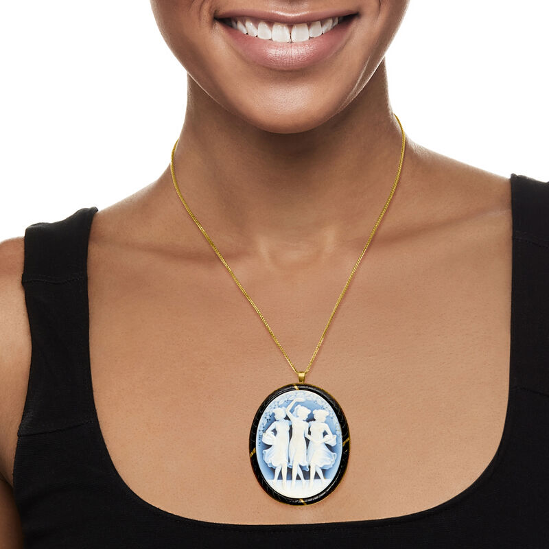 C. 1950 Vintage Blue Agate and Onyx the Three Graces Cameo Pin/Pendant in 18kt Yellow Gold image number 1