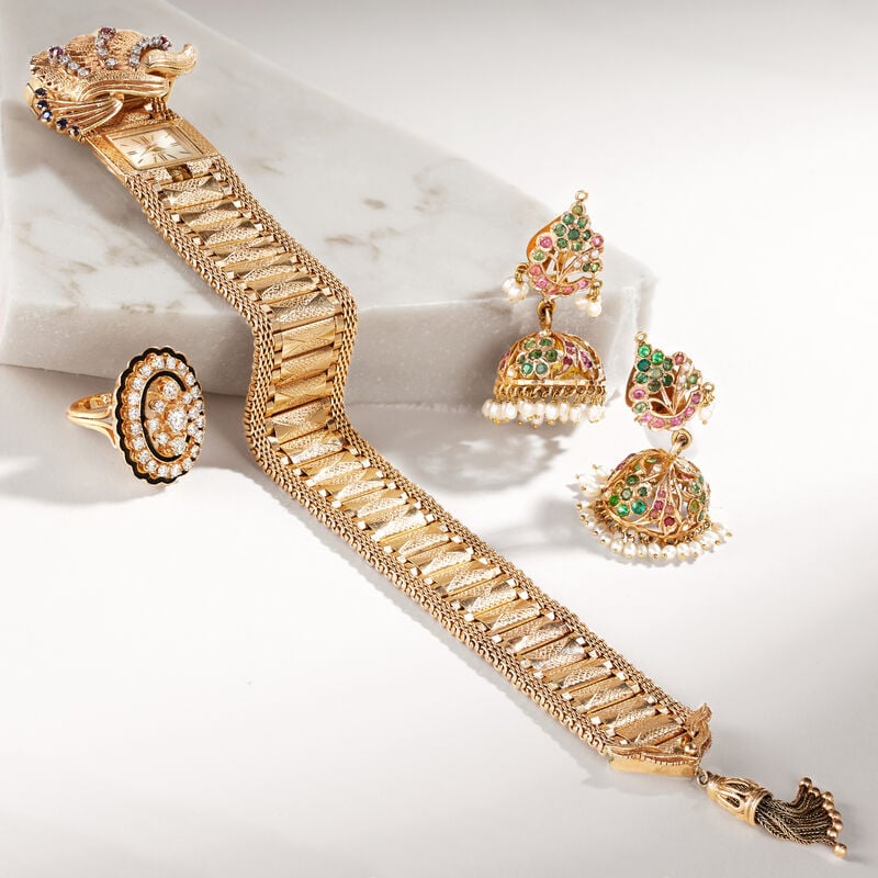 C. 1950 Vintage Geneva Women's 14kt Yellow Gold and .60 ct. Tw. Multi-Stone Watch Bracelet with .25 ct. t.w. Diamonds. Size 7.5 image number 3