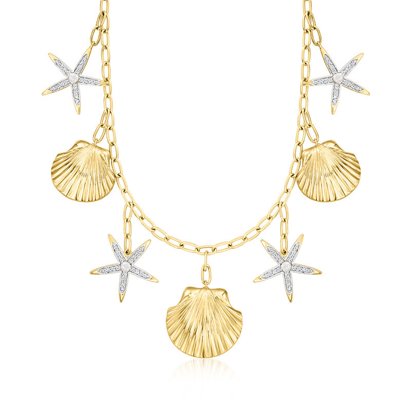 2.5-3mm Cultured Pearl and 1.00 ct. t.w. White Topaz Sea Life Paper Clip Link Necklace in 18kt Gold Over Sterling. 18&quot; image number 1
