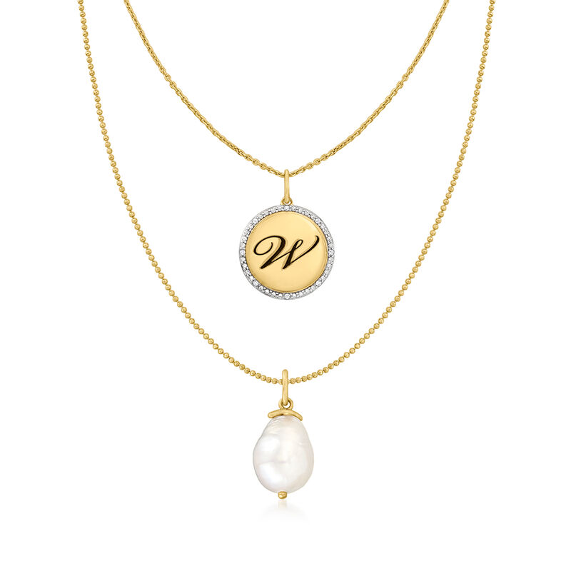 18kt Gold Over Sterling Layered Initial Necklace with 11-12mm Cultured Baroque Pearl and Diamonds image number 1