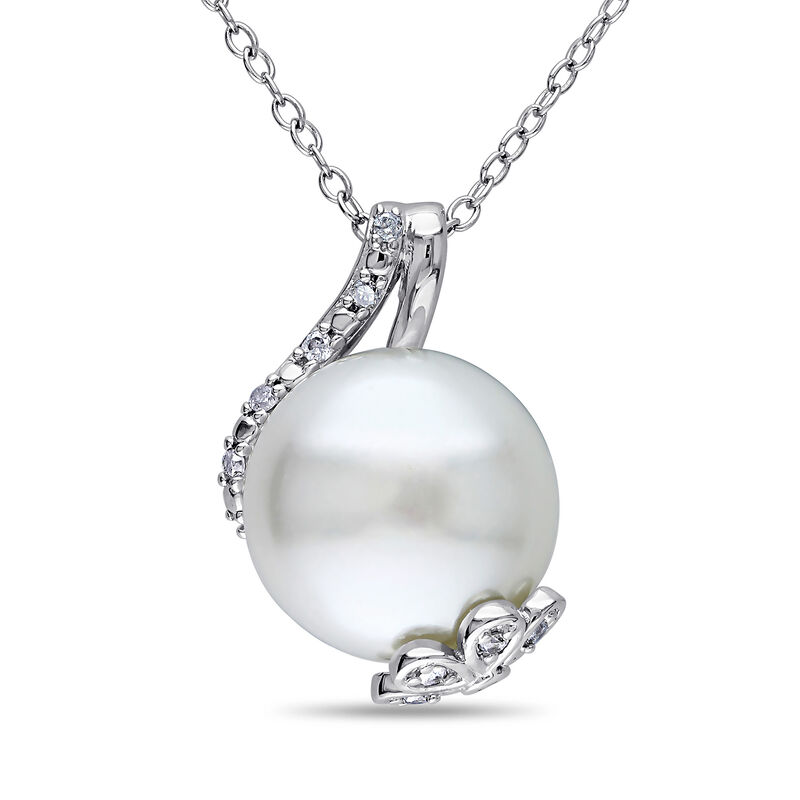 12.5-13mm Cultured Button Pearl and .10 ct. t.w. Diamond Pendant Necklace in Sterling Silver. 18&quot; image number 0