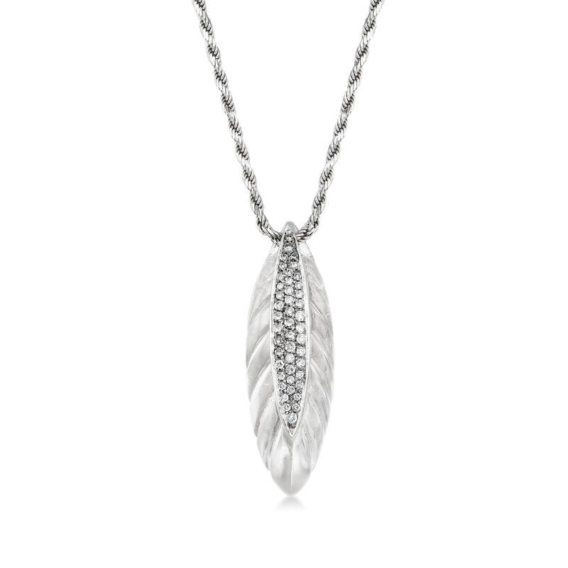 C. 1990 Vintage 35x13mm Rock Crystal Quartz and .50 ct. t.w. Diamond Leaf Pendant Necklace in 18kt White Gold. 16&quot; image number 1