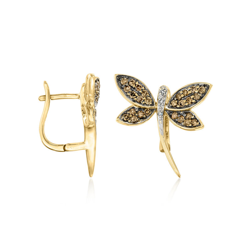 C. 1990 Vintage .70 ct. t.w. Brown Diamond Dragonfly Earrings with White Diamonds in 14kt Yellow Gold  image number 2