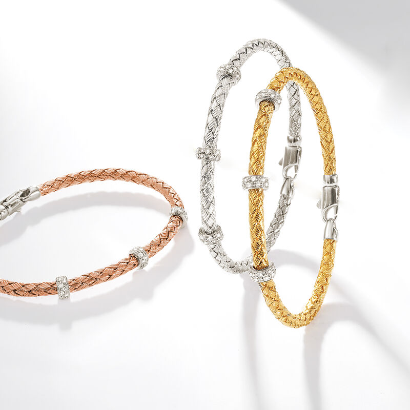 Simon G. .32 ct. t.w. Diamond Three-Station Woven Bangle Bracelet in 18kt Rose Gold. 7&quot; image number 2