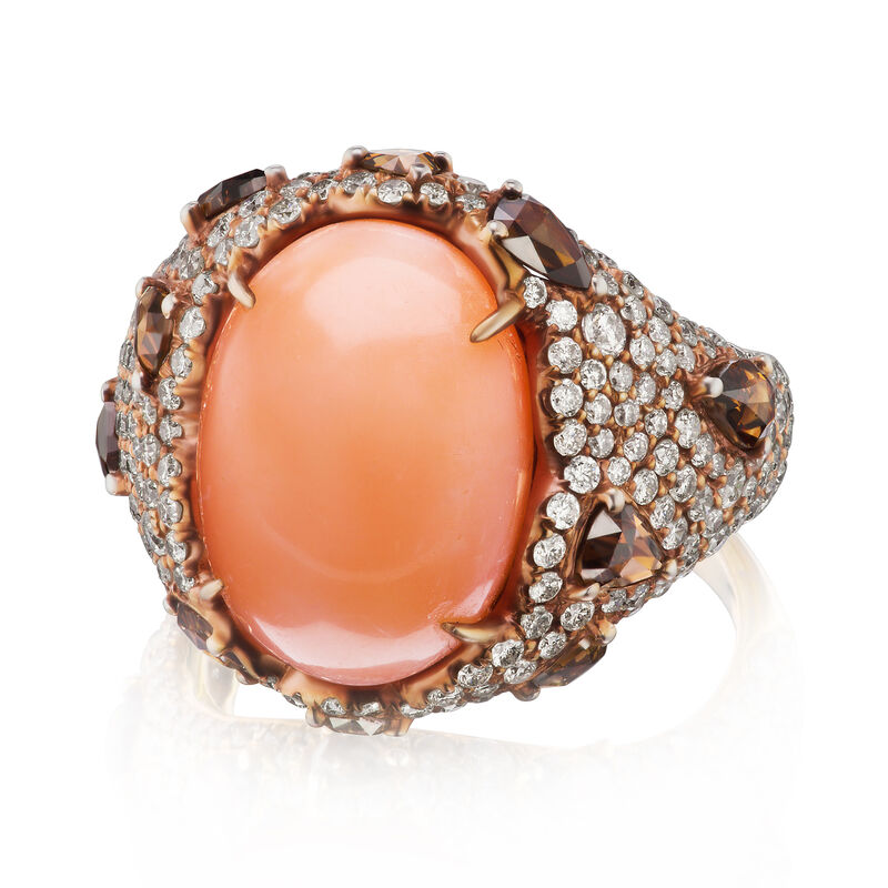 Pink Coral and 2.75 ct. t.w. Brown and White Diamond Ring in 18kt Rose Gold image number 1