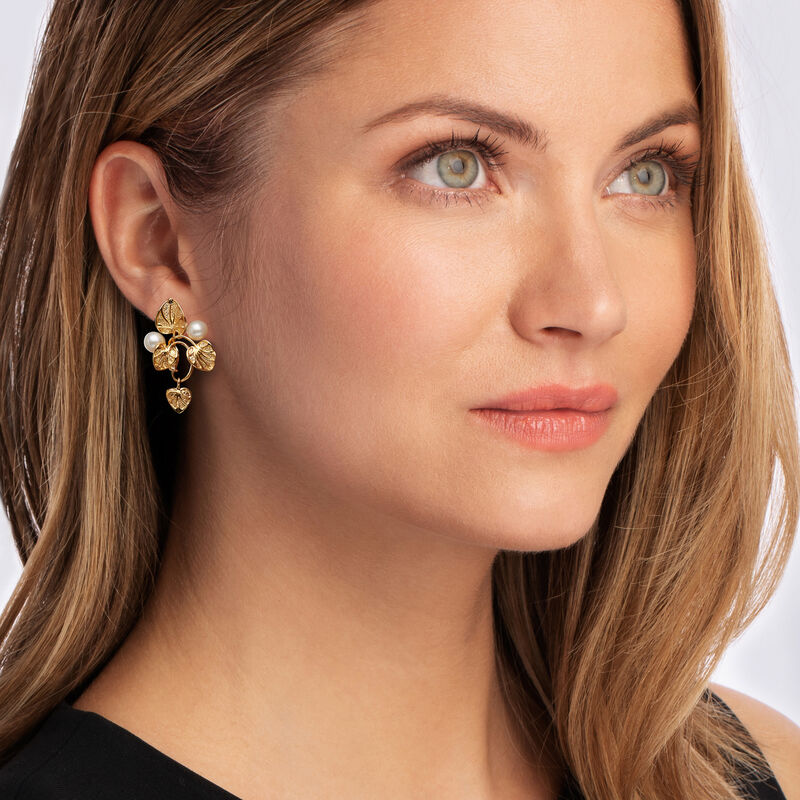 Italian 6mm Cultured Pearl Vine Drop Earrings in 18kt Gold Over Sterling image number 1