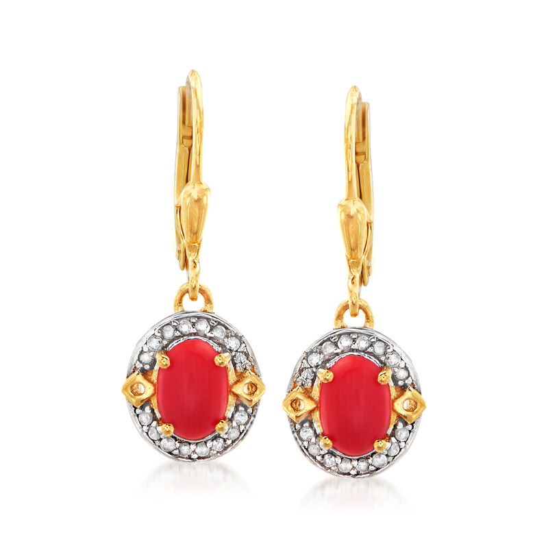 Orange Coral and .16 ct. t.w. Diamond Drop Earrings in 18kt Gold Over Sterling image number 0