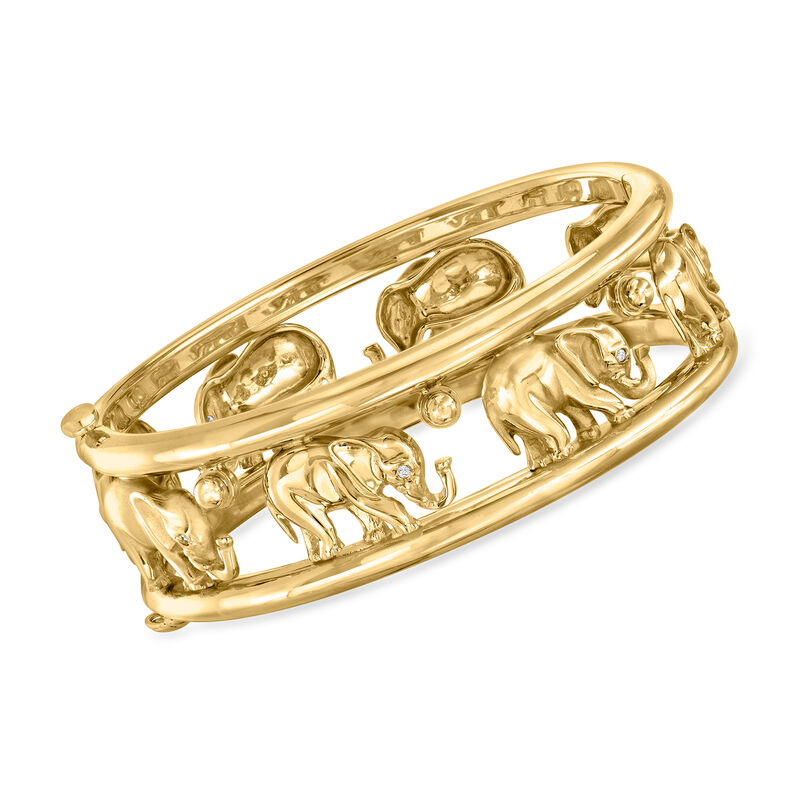 C. 1980 Vintage 18kt Yellow Gold Elephant Bangle Bracelet with Diamond Accents image number 0