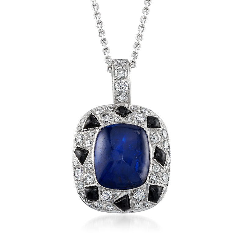C. 1990 Vintage 6.00 Carat Sapphire, 1.10 ct. t.w. Diamond and Black Onyx Pendant Necklace in 14kt White Gold. 16&quot; image number 1