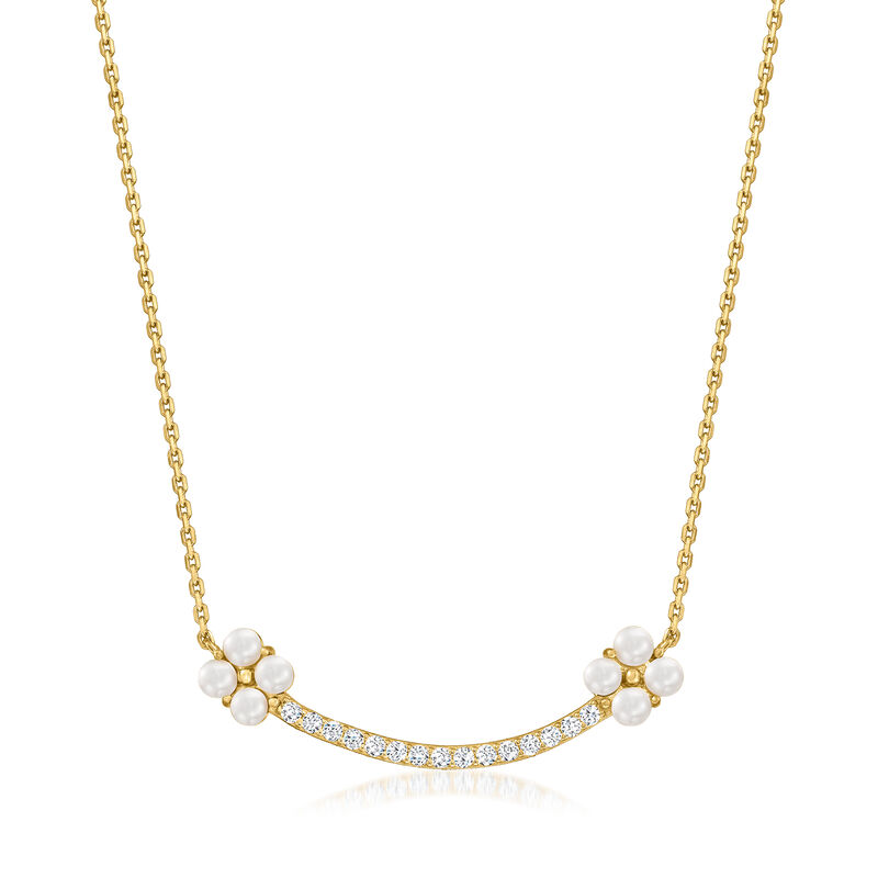 Charles Garnier &quot;Venus&quot; 2.5-3mm Cultured Pearl and .20 ct. t.w. CZ Curved Bar Necklace in 18kt Gold Over Sterling. 18&quot; image number 1