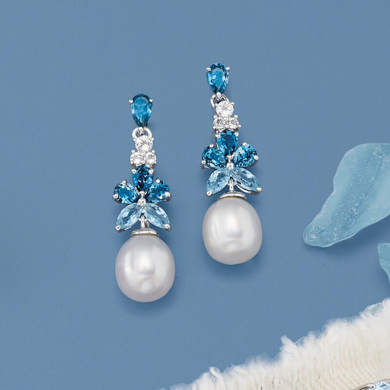 8.5-9mm Cultured Pearl and 2.30 ct. t.w. London, Sky Blue and White Topaz Drop Earrings in Sterling Silver image number 3