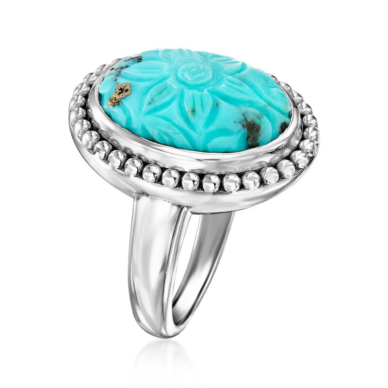 Turquoise Carved Flower Ring in Sterling Silver image number 2