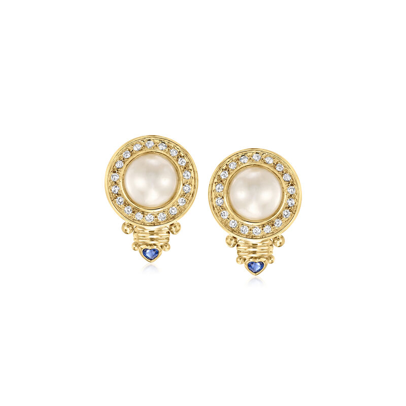 C. 1980 Vintage 11.8mm Cultured Mabe Pearl, 1.45 ct. t.w. Diamond and .36 ct. t.w. Sapphire Earrings in 14kt Yellow Gold  image number 0