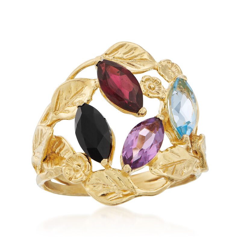 Black Onyx and 1.90 ct. t.w. Multi-Stone Leaf Ring in 18kt Gold Over Sterling image number 3