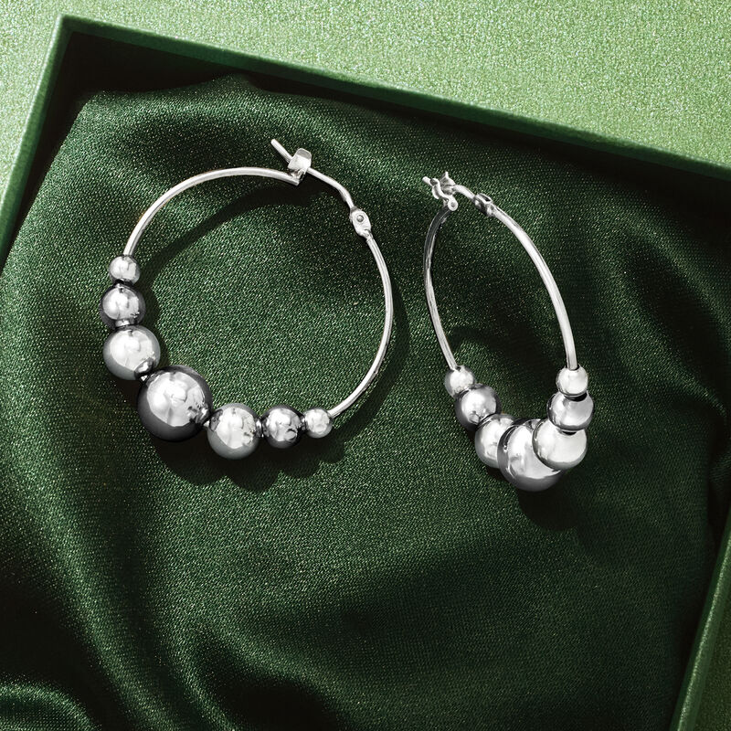 Italian Sterling Silver Graduated Bead Hoop Earrings. 1 1/4" image number 2