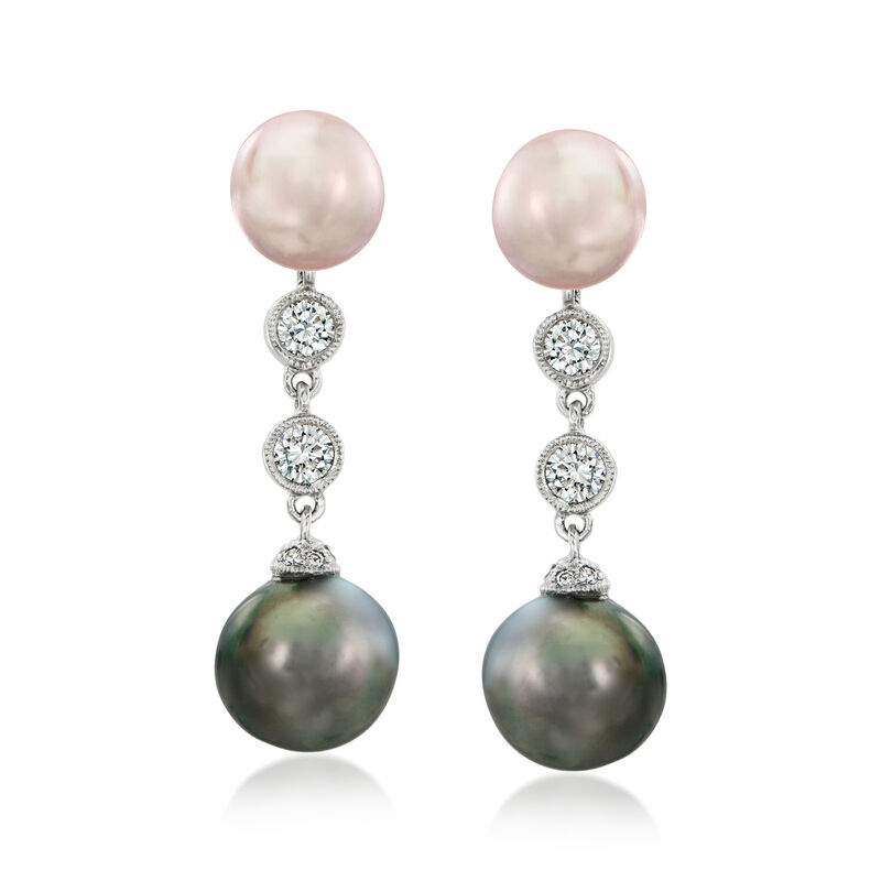 C. 1990 Vintage Black and Pink Cultured Pearl Day/Night Drop Earrings with .50 ct. t.w. Diamonds in 14kt White Gold image number 3