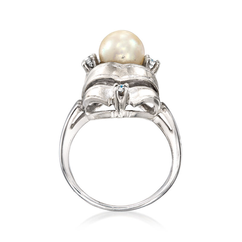 C. 1970 Vintage 7mm Cultured Pearl and .16 ct. t.w. Diamond Ring in 14kt White Gold. Size 5 image number 3