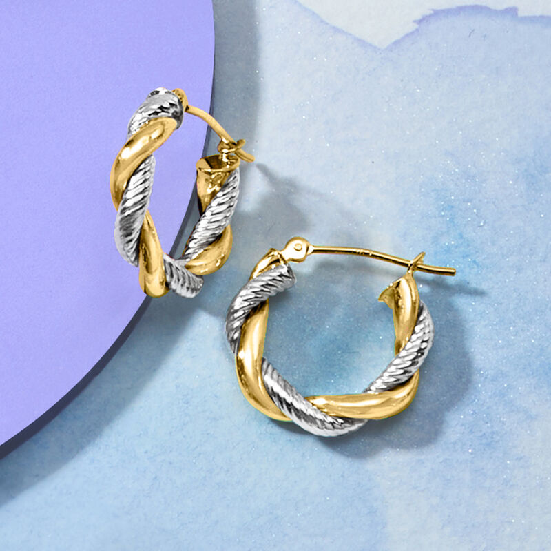 14kt Two-Tone Gold Twisted Hoop Earrings. 5/8" image number 4