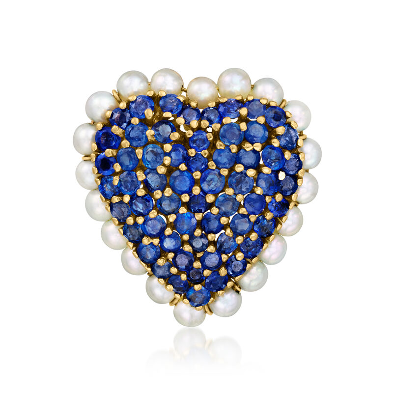 C. 1970 Vintage 3.2mm Cultured Pearl and 3.50 ct. t.w. Sapphire Heart Pin/Pendant in 14kt Yellow Gold  image number 3