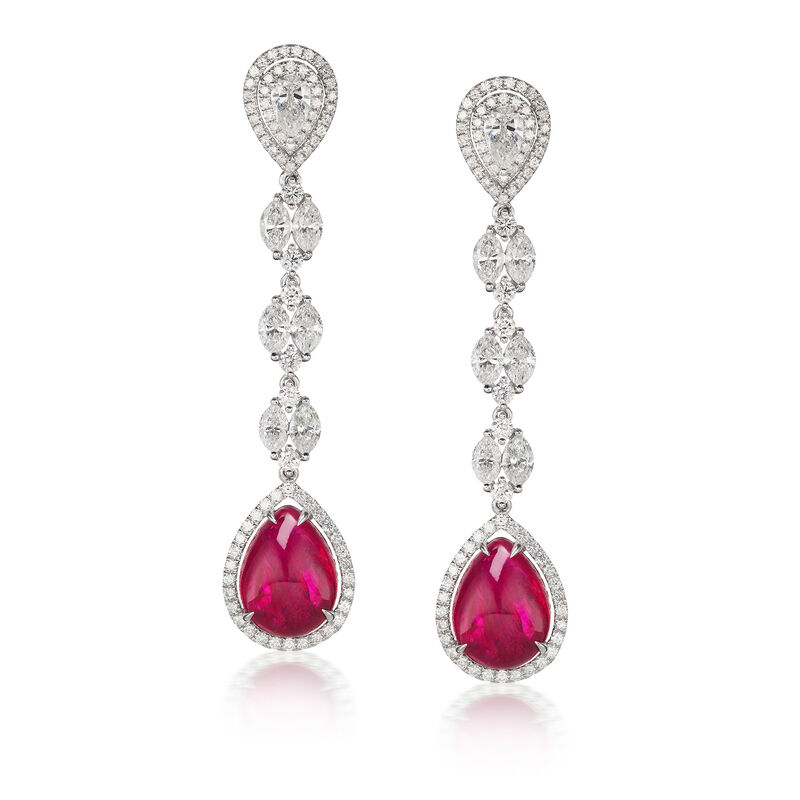 18.40 ct. t.w. Ruby and 5.44 ct. t.w. Diamond Drop Earrings in 18kt White Gold image number 0