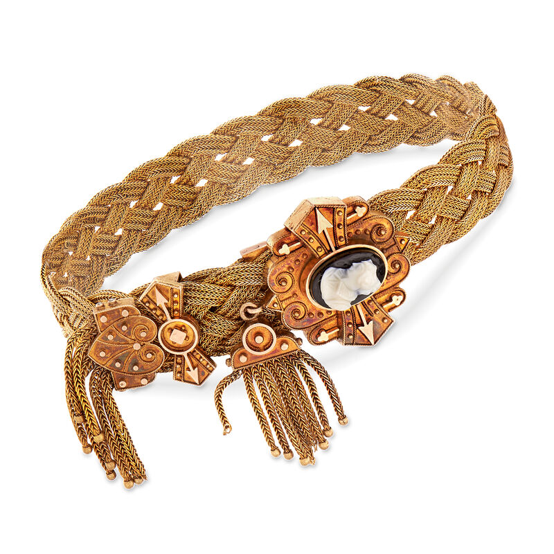 C. 1930 Vintage 18kt Yellow Gold Braided Bracelet with Black Agate Oval Cameo image number 0