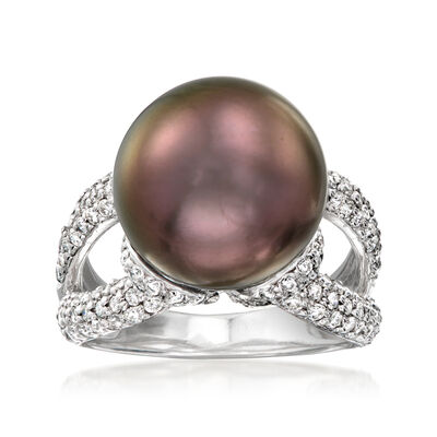 C. 1990 Vintage 13mm Black Cultured Pearl Ring with 1.50 ct. t.w. Diamonds in 18kt White Gold