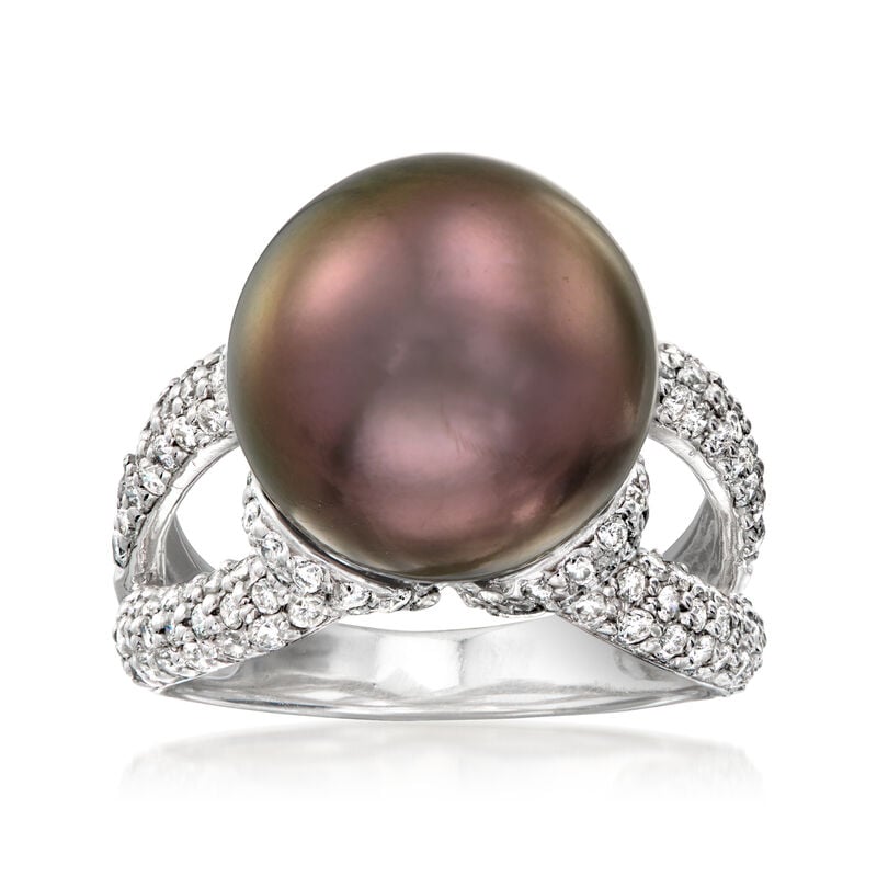 C. 1990 Vintage 13mm Black Cultured Pearl Ring with 1.50 ct. t.w. Diamonds in 18kt White Gold. Size 6.5 image number 0