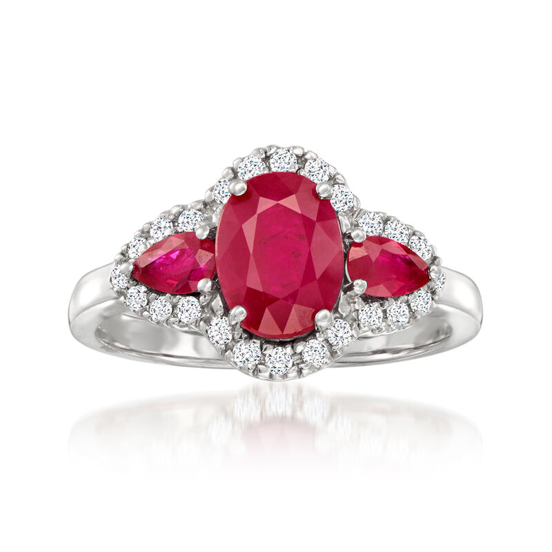 1.70 ct. t.w. Ruby and .21 ct. t.w. Diamond Three-Stone Ring in 14kt White Gold image number 0