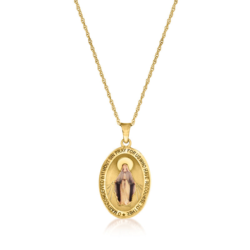 14kt Yellow Gold Miraculous Medal Pendant Necklace with Multicolored Enamel image number 0